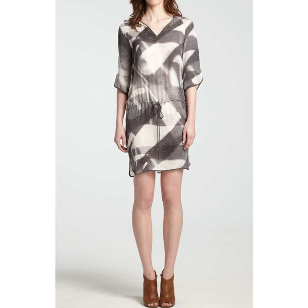 Halston Heritage Dress Womens 14 Gray Abstract 100% Silk Wearable Art A003822
